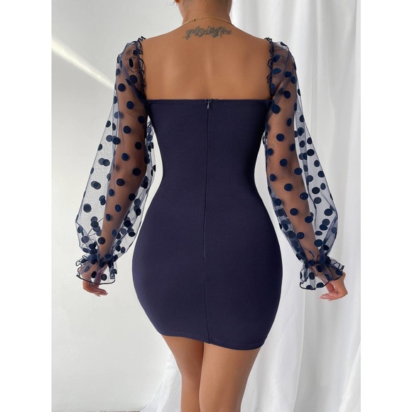 Sweetheart Neck Flounce Sleeve Bodycon Dress sheer long sleeve black butterfly - Picture 11 of 11